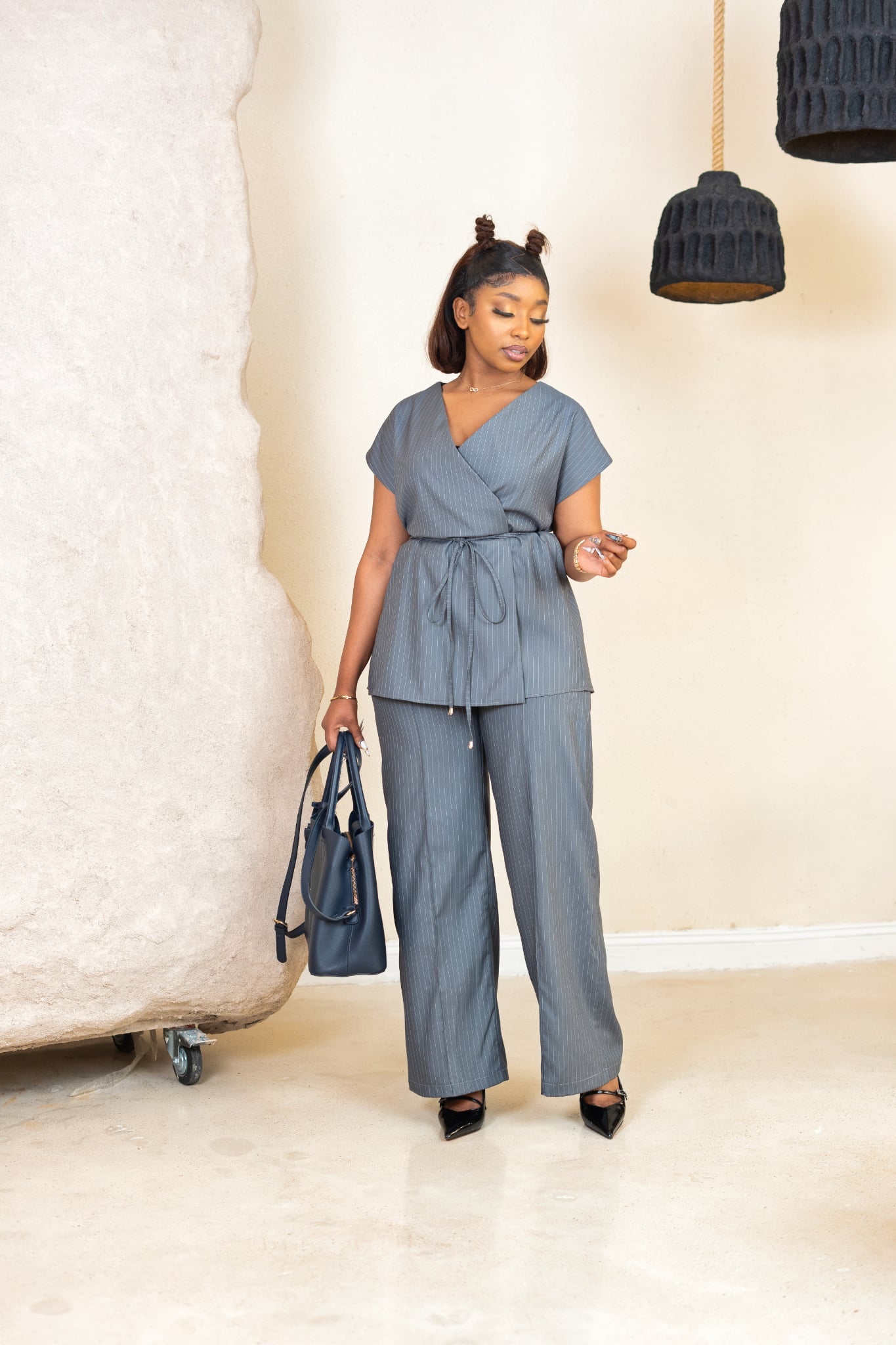 Nonis Pinstripe Pintuck Pants - Silver Grey