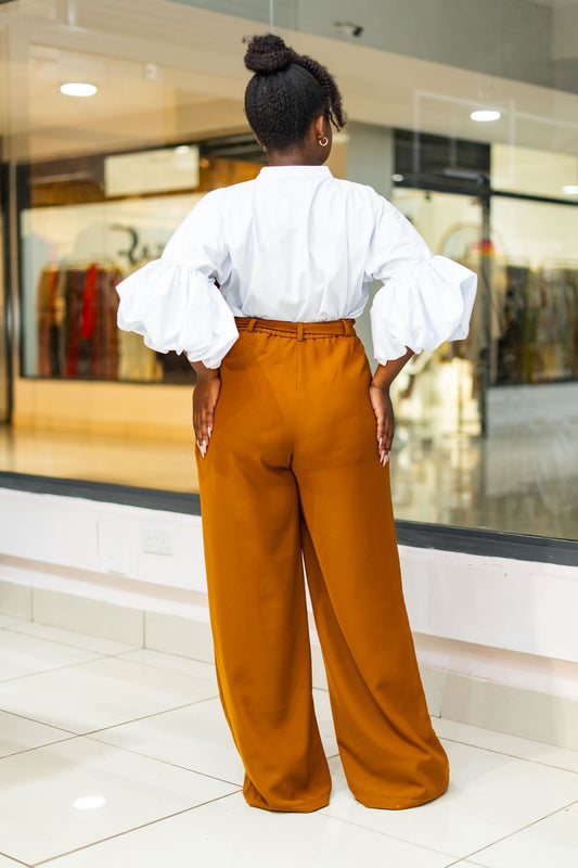 Belted Straight Leg Pants - Mustard Brown