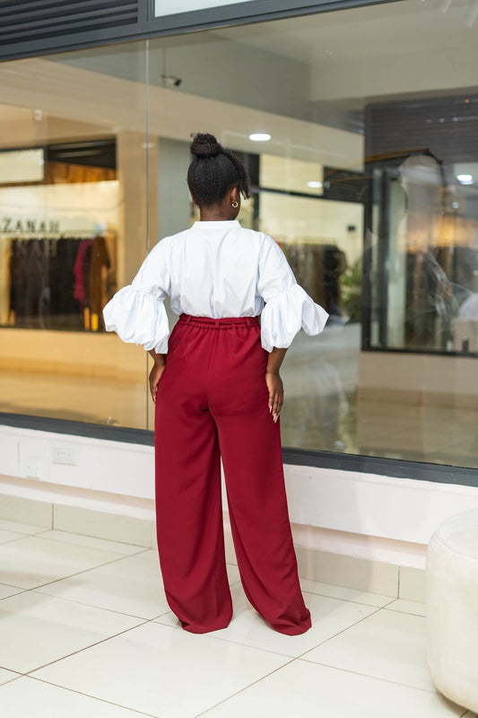 Belted Straight Leg Pants - Wine Red