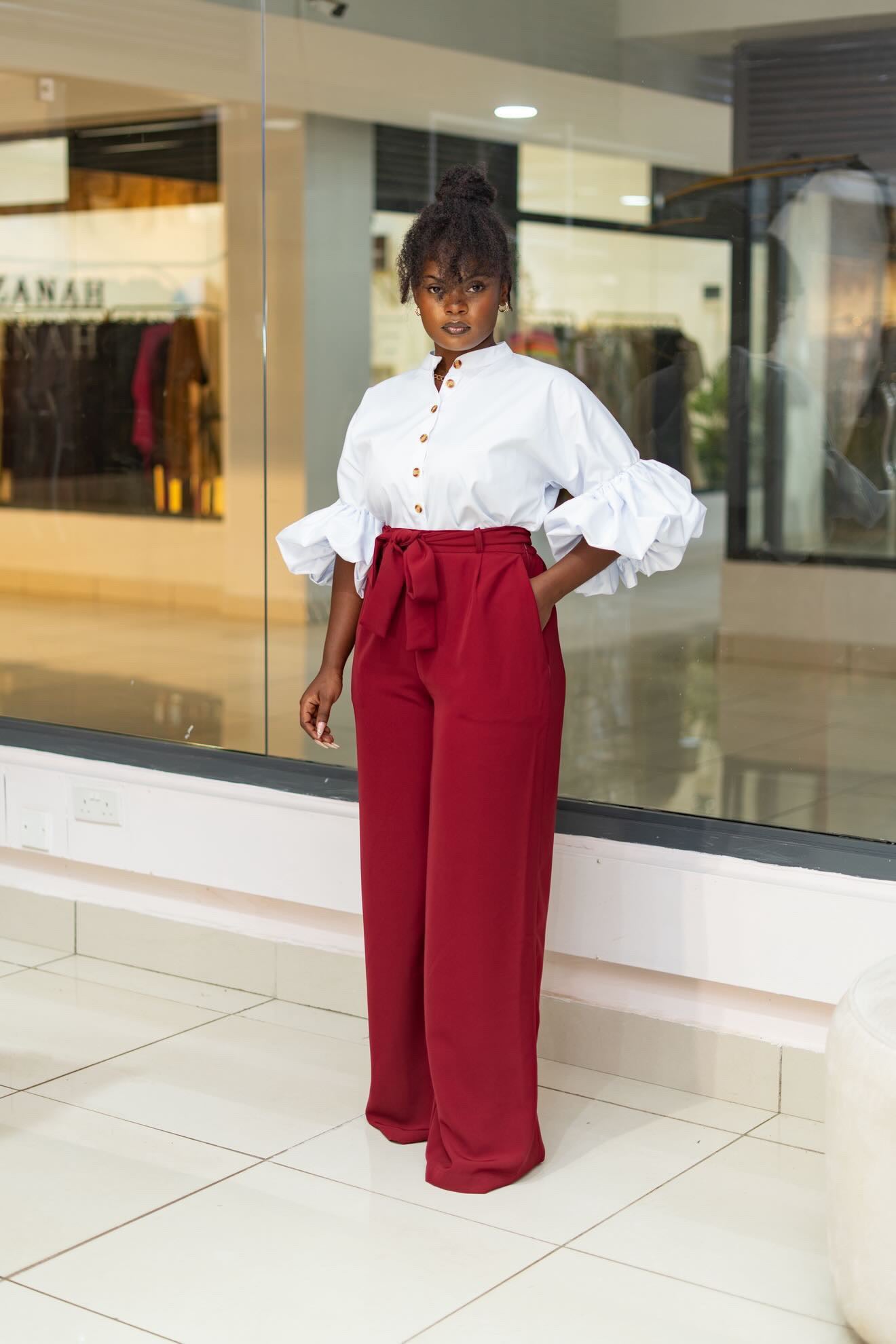 Belted Straight Leg Pants - Wine Red