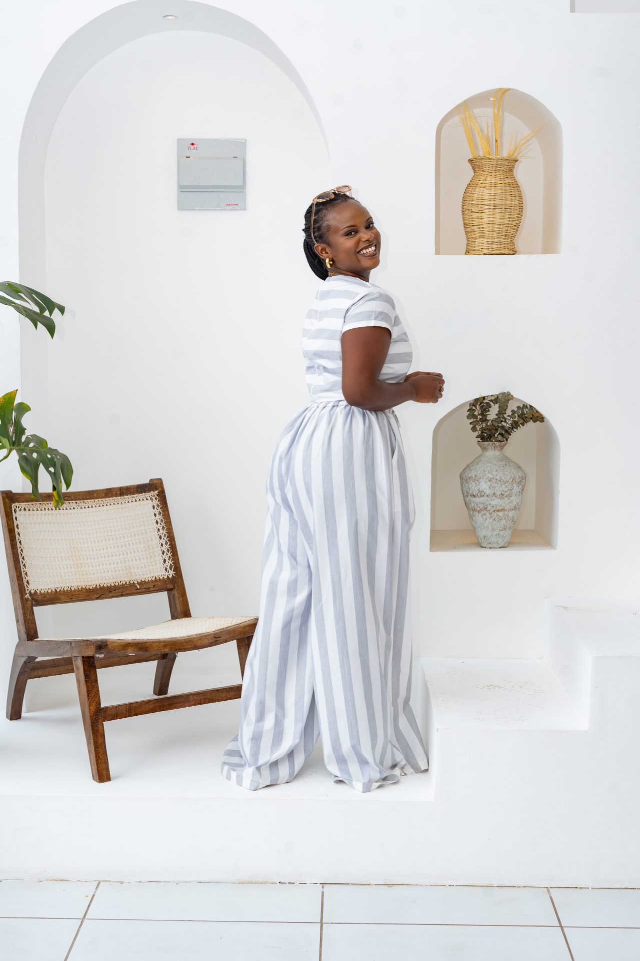 Pastel Striped Pants Set - Grey