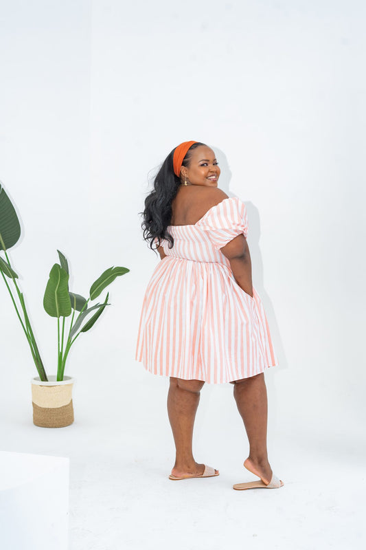 Pastel Striped Mini Dress - Coral