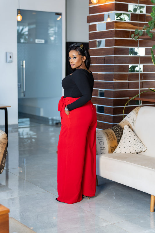Classic Belted Palazzo Pants - Red