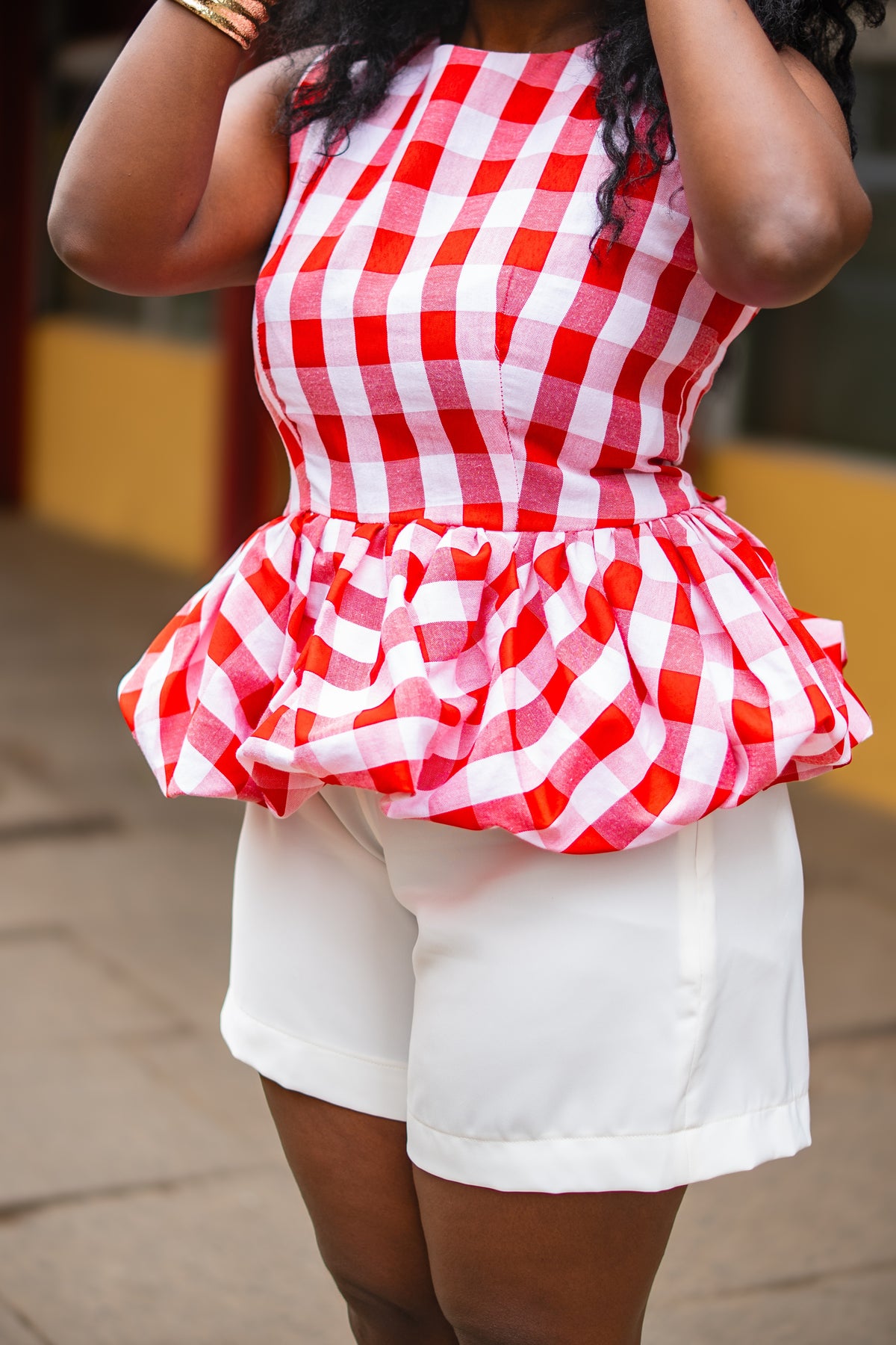 Gingham peplum top (Red)