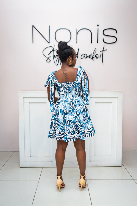 Talia Tie Mini Dress - Blue Print