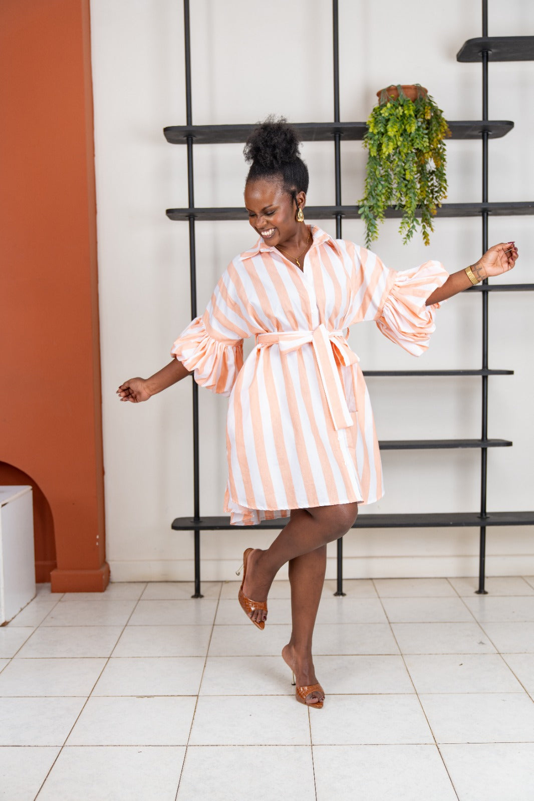 Striped Mini Bubble Shirt Dress - Coral