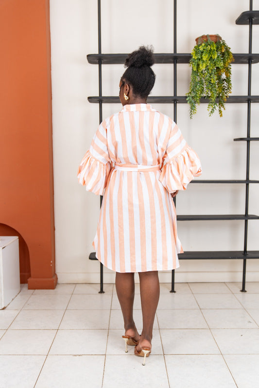 Striped Mini Bubble Shirt Dress - Coral