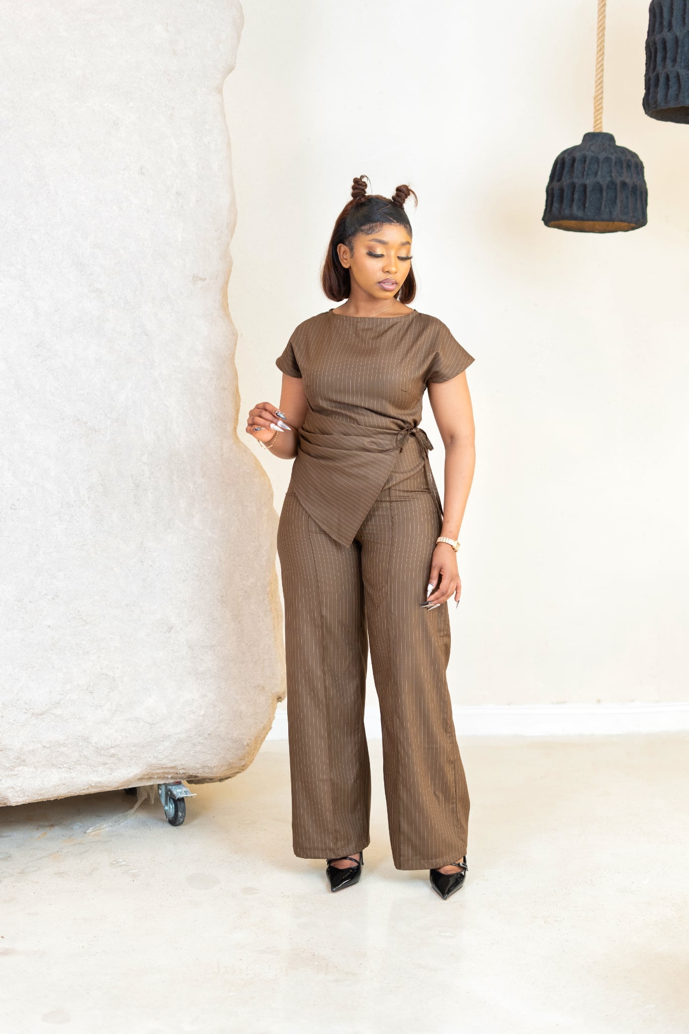 Pinstripe Pleated Tie Top - Chestnut Brown