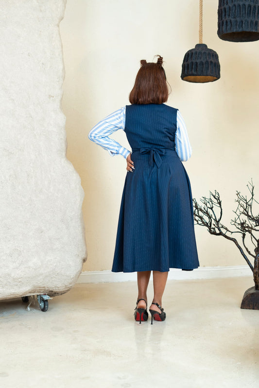 Pinstripe Midi Dress - Navy Blue