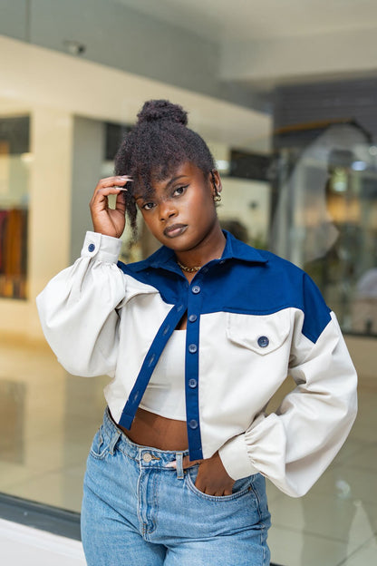 Cropped Shacket (Two-tone - Blue & White)