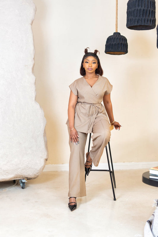 Nonis Pinstripe Pintuck Pants - Sand Brown