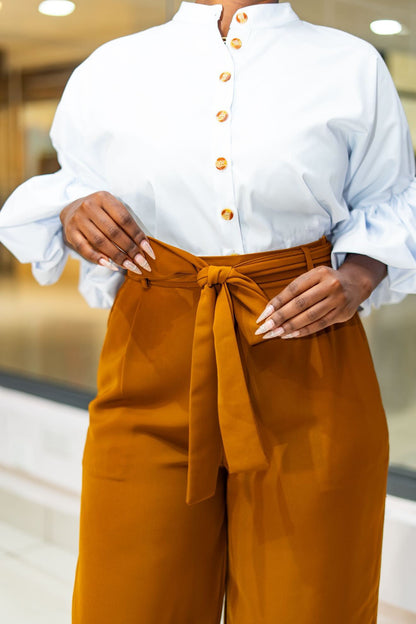 Belted Straight Leg Pants - Mustard Brown
