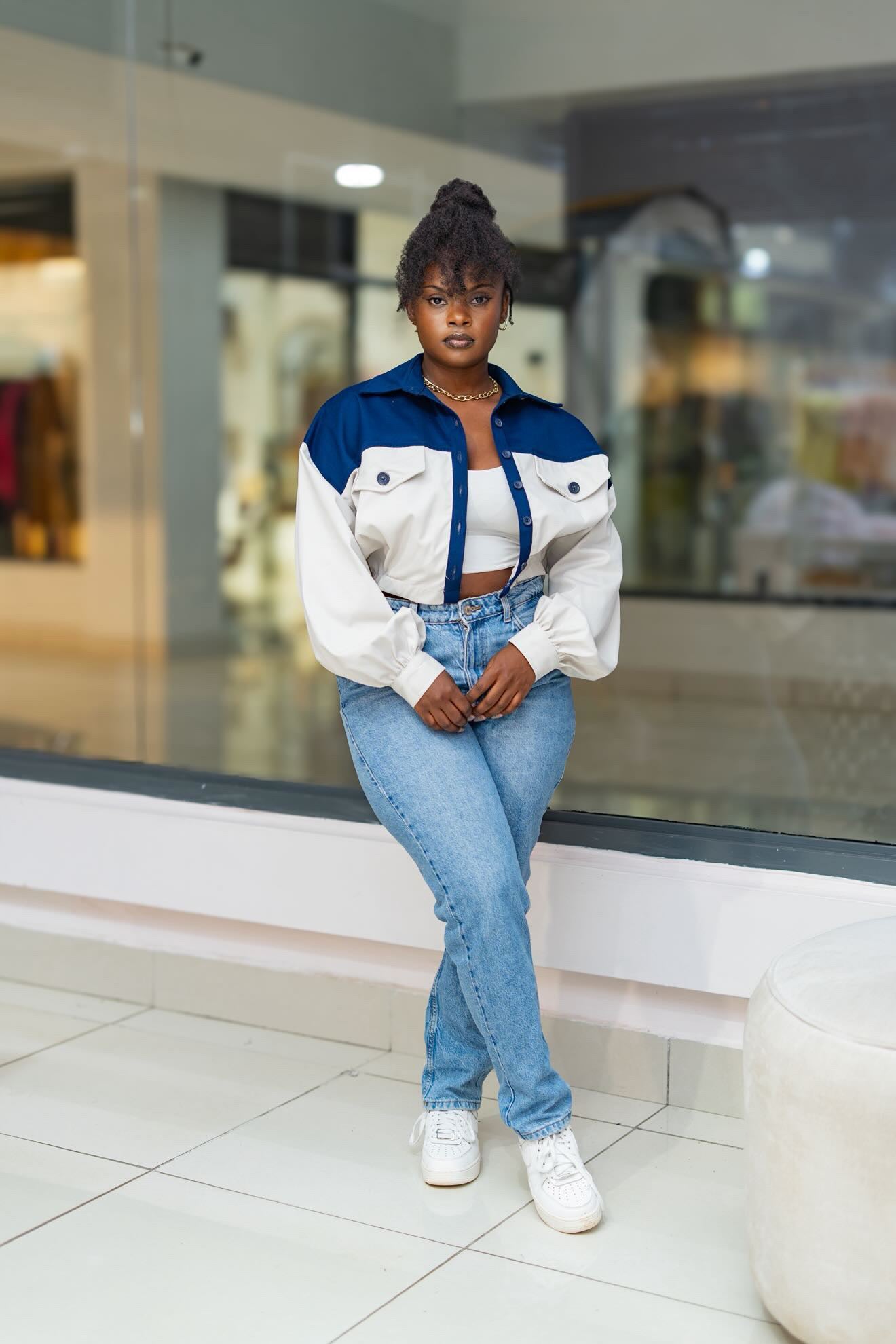 Cropped Shacket (Two-tone - Blue & White)