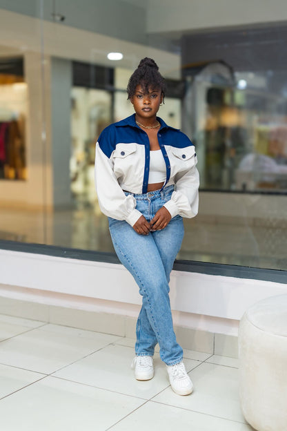 Cropped Shacket (Two-tone - Blue & White)