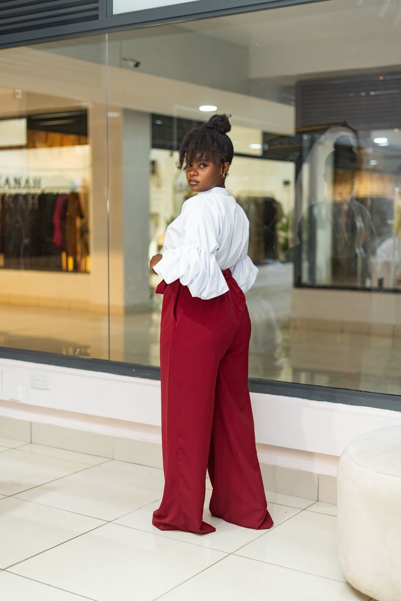 Belted Straight Leg Pants - Wine Red