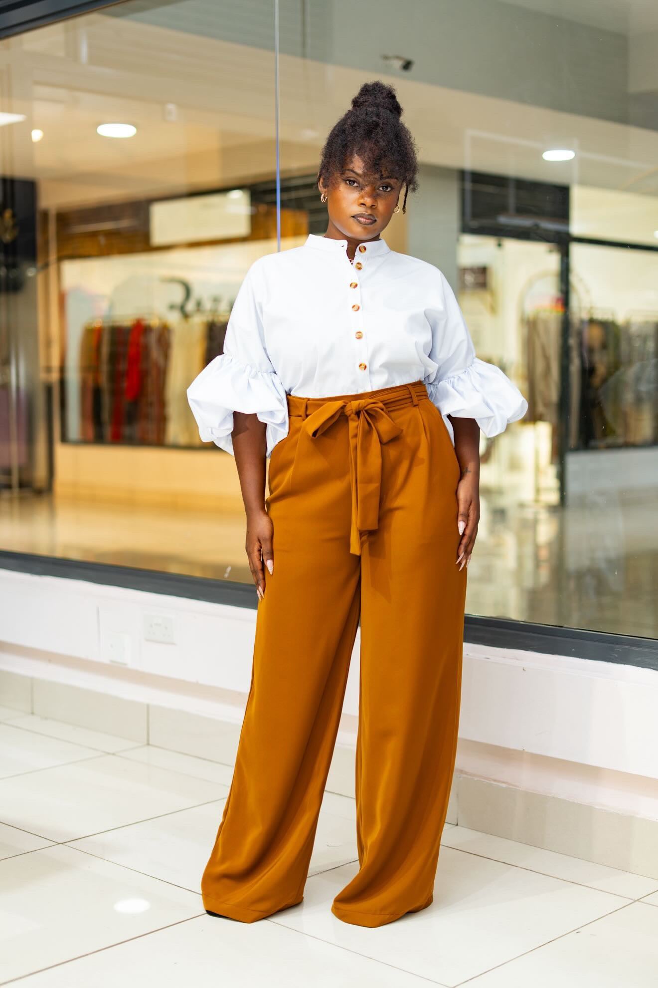 Belted Straight Leg Pants - Mustard Brown