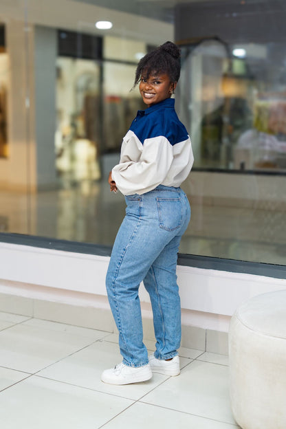 Cropped Shacket (Two-tone - Blue & White)