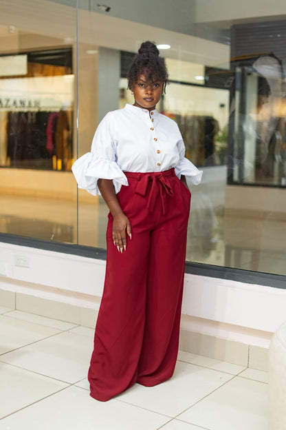 Belted Straight Leg Pants - Wine Red