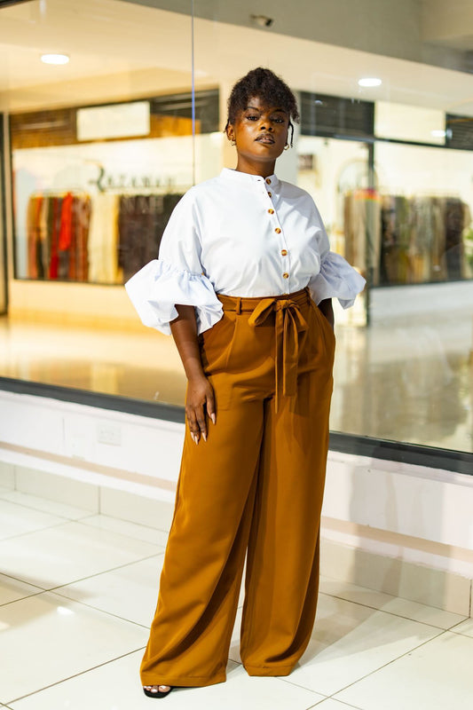 Belted Straight Leg Pants - Mustard Brown