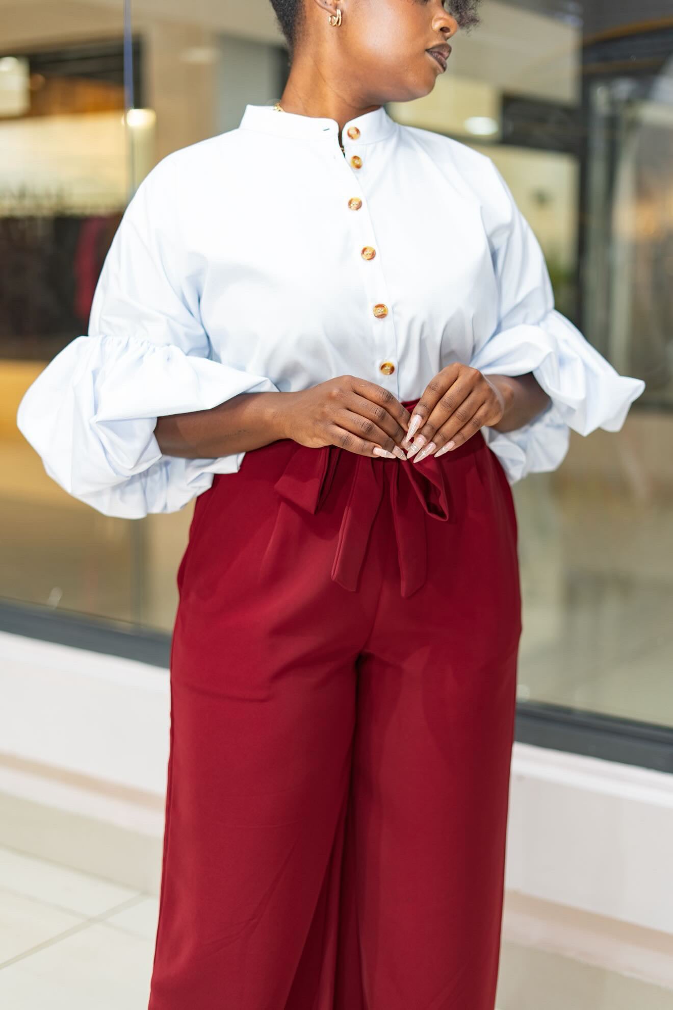 Belted Straight Leg Pants - Wine Red