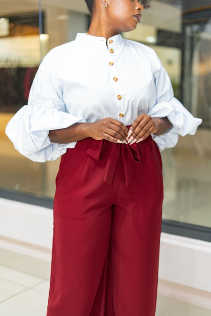 Belted Straight Leg Pants - Wine Red