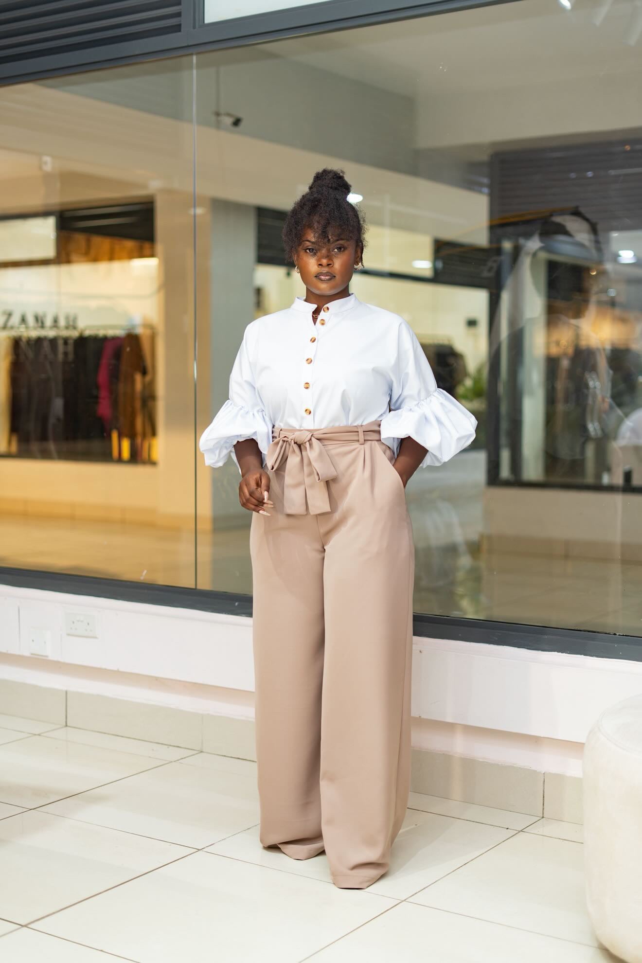 Belted Straight Leg Pants - Pastel Grey