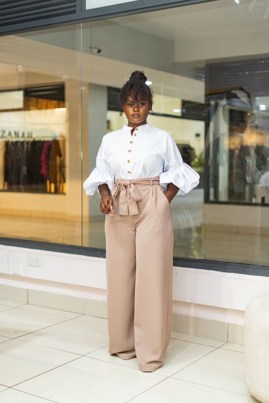 Belted Straight Leg Pants - Pastel Grey