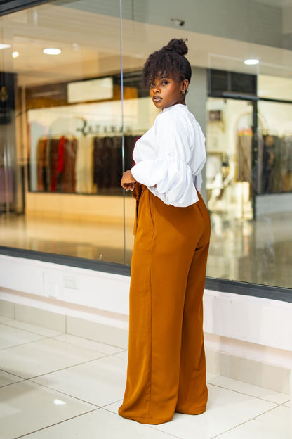 Belted Straight Leg Pants - Mustard Brown