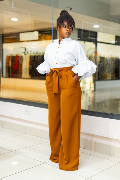 Belted Straight Leg Pants - Mustard Brown