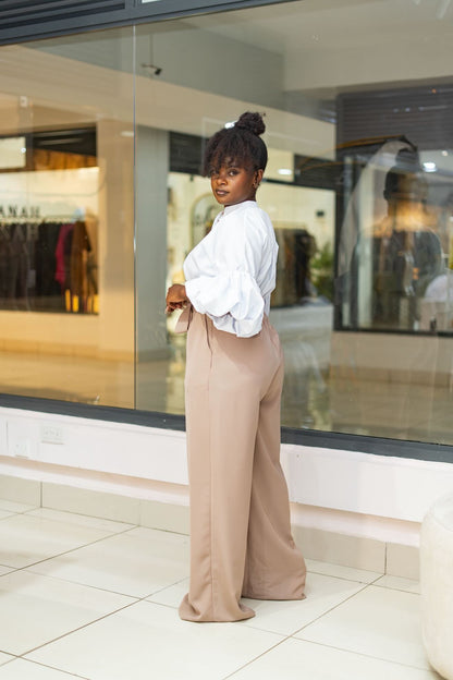 Belted Straight Leg Pants - Pastel Grey