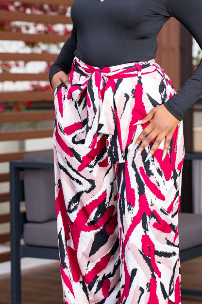 Luna belted palazzo pants - Maroon Print
