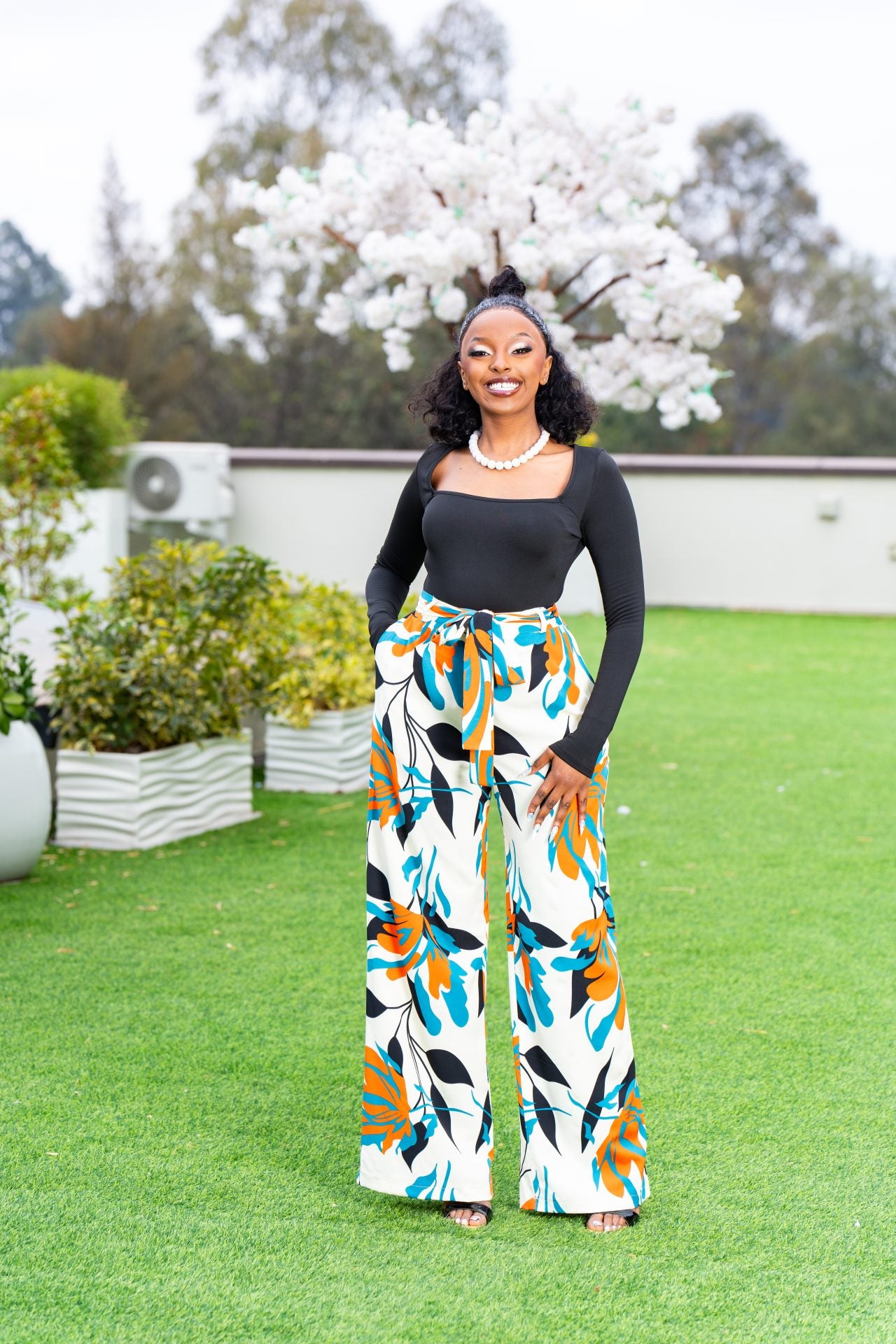 Luna belted palazzo pants - Cream Print