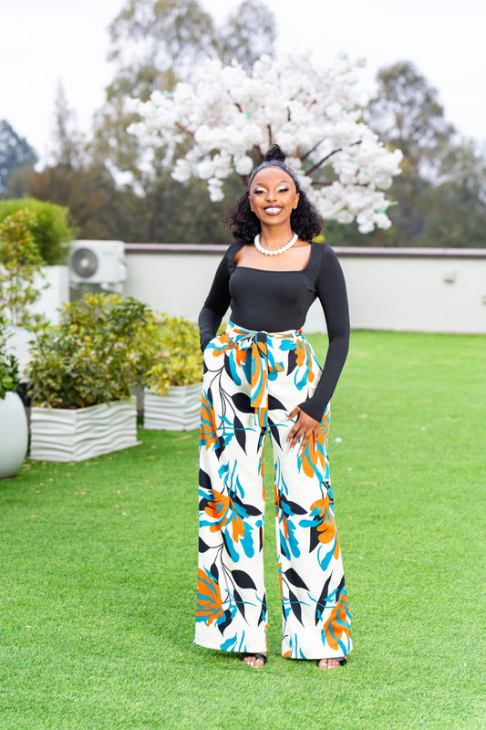 Luna belted palazzo pants - Cream Print