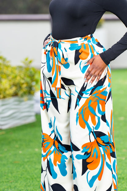 Luna belted palazzo pants - Cream Print