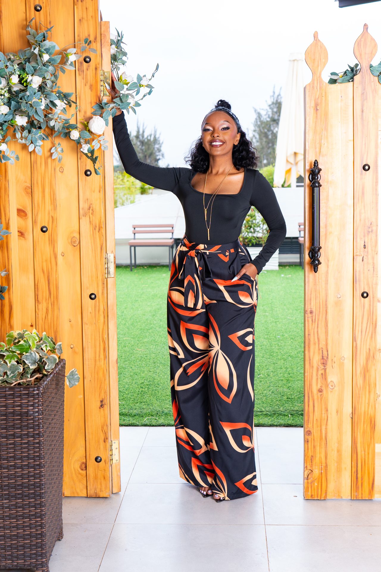 Luna belted palazzo pants - Black and Brown Print