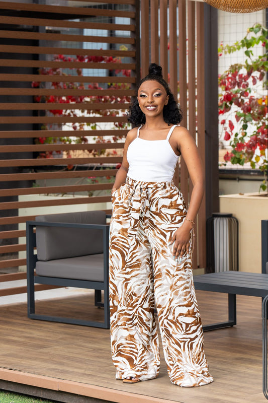 Sienna Belted Palazzo Pants - Brown Print