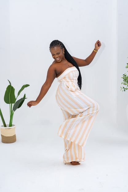 Pastel Striped Jumpsuit - Khaki