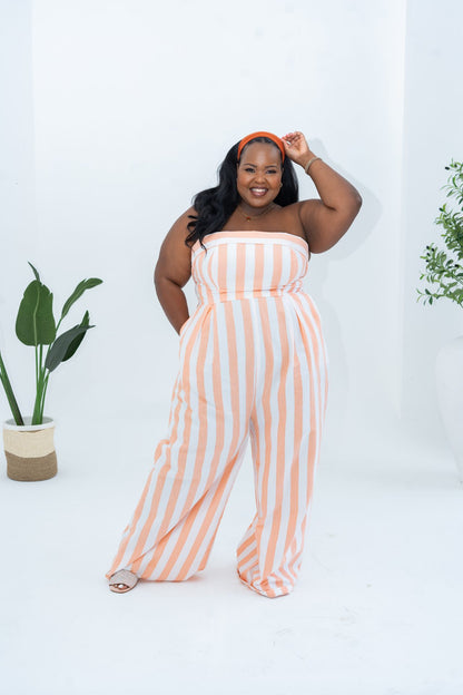 Pastel Striped Jumpsuit - Coral