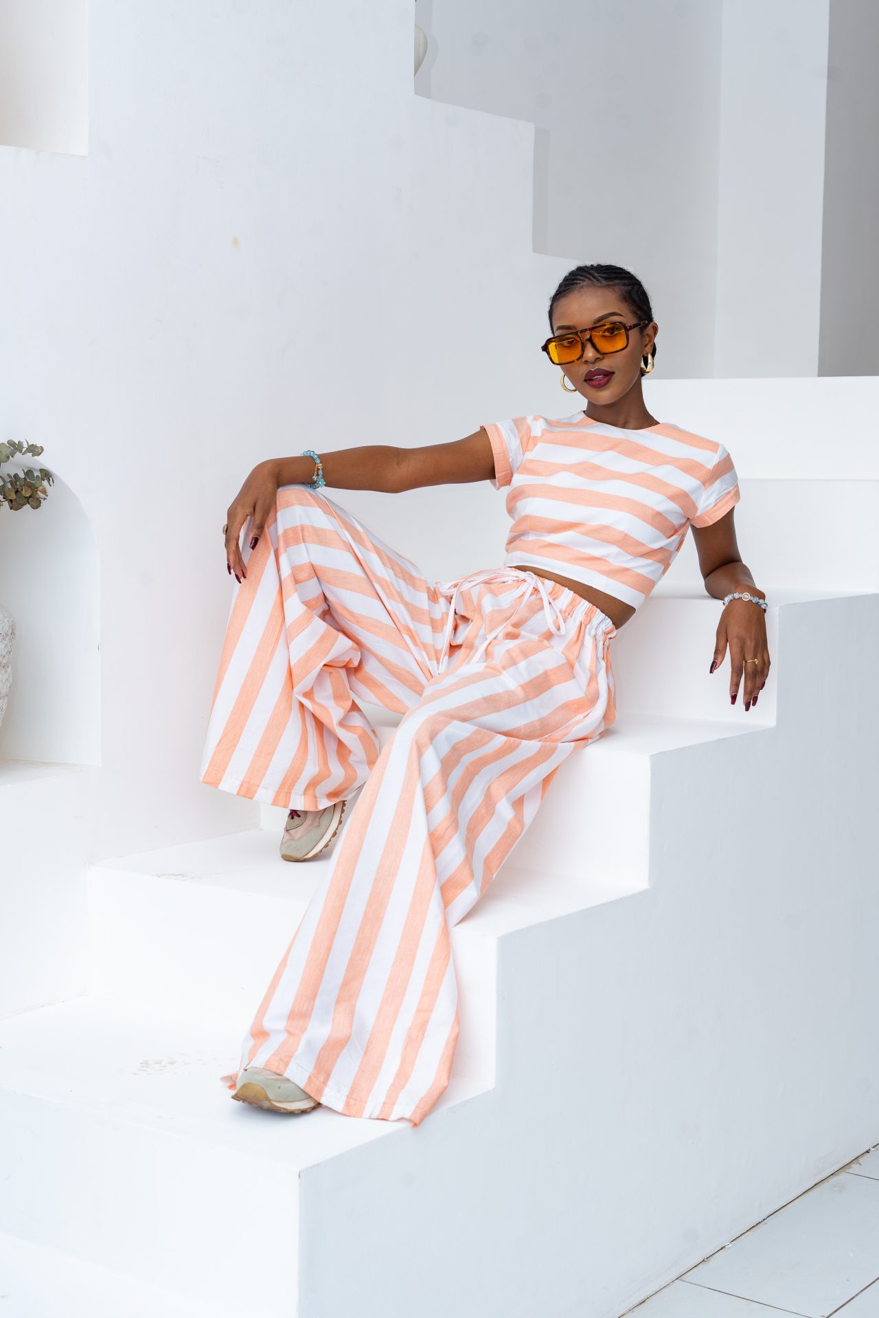 Pastel Striped Pants Set - Coral