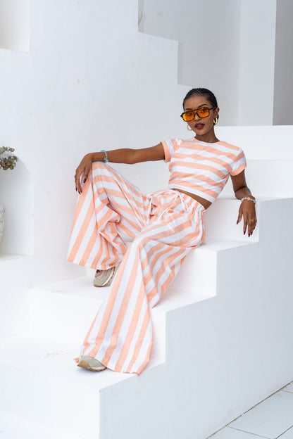 Pastel Striped Pants Set - Coral
