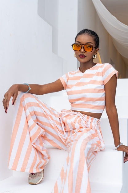 Pastel Striped Pants Set - Coral