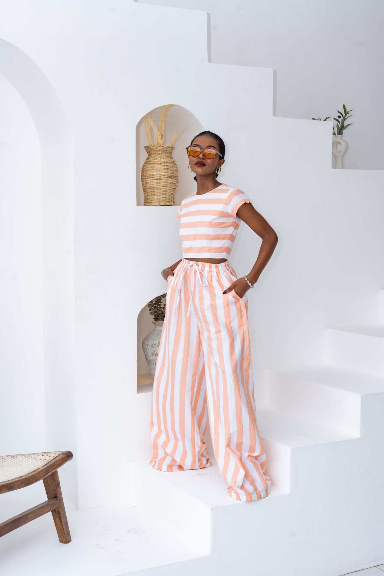 Pastel Striped Pants Set - Coral