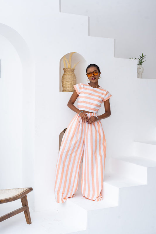 Pastel Striped Pants Set - Coral