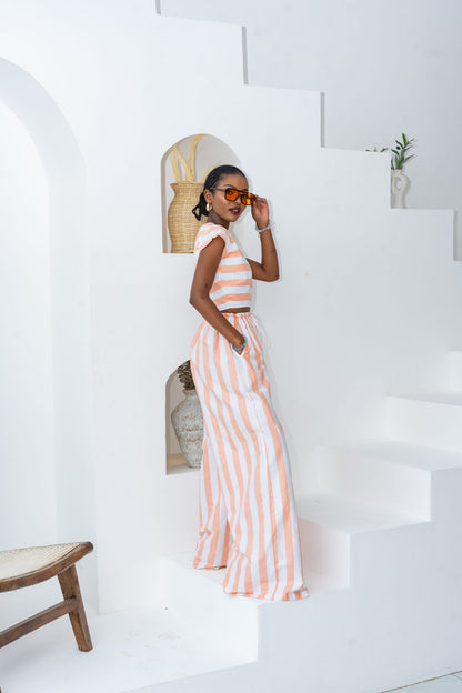 Pastel Striped Pants Set - Coral