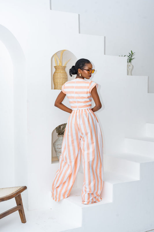 Pastel Striped Pants Set - Coral
