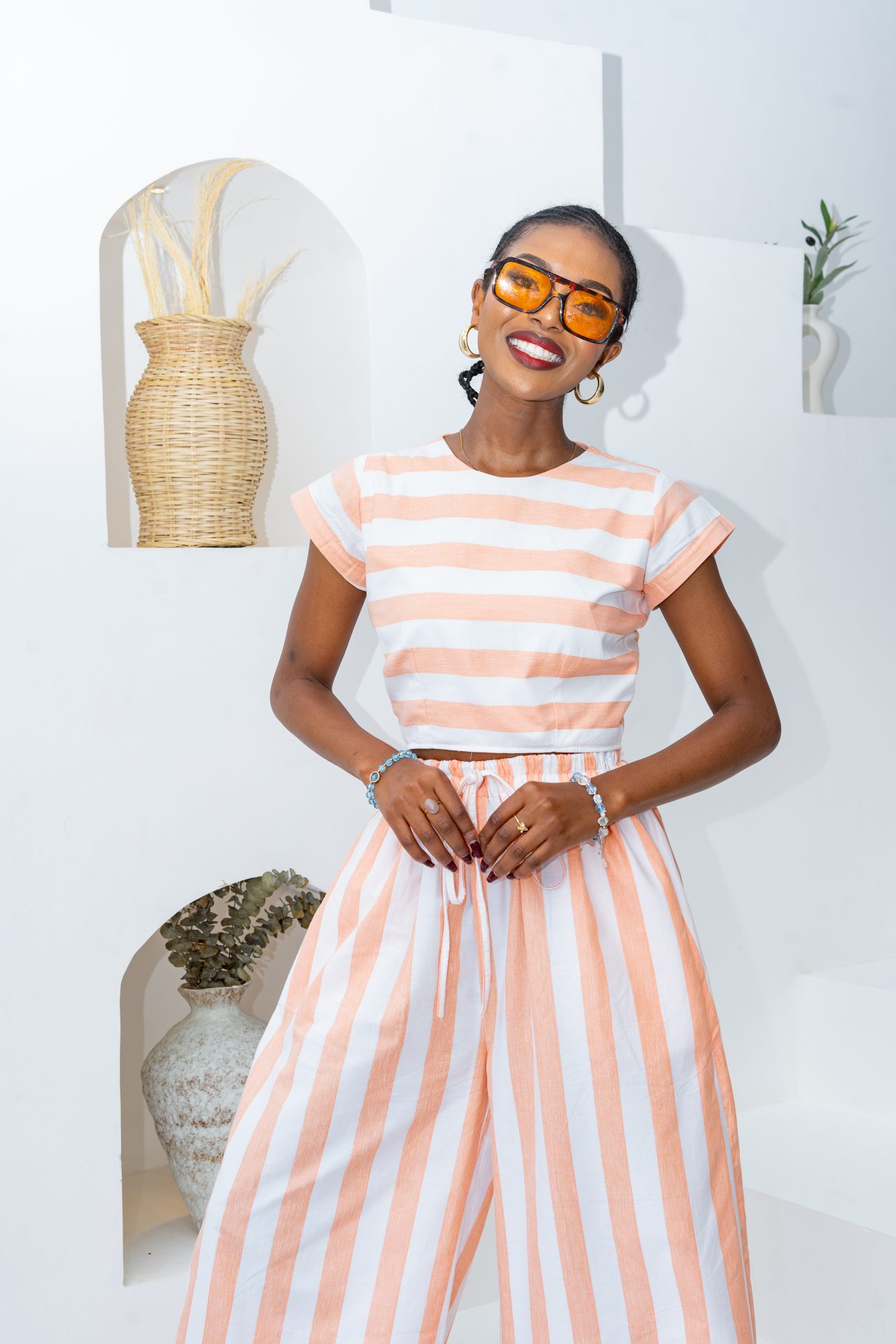 Pastel Striped Pants Set - Coral