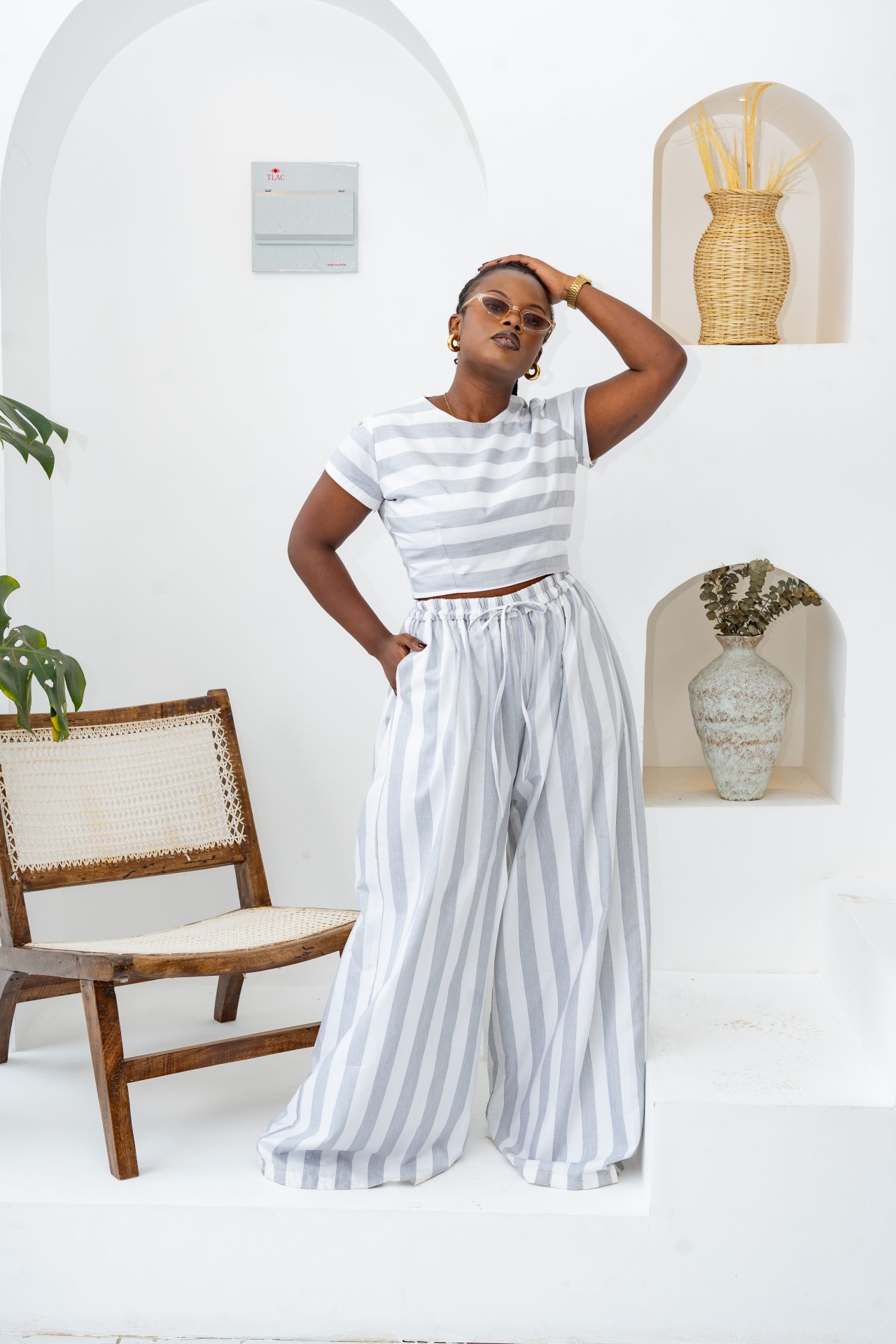 Pastel Striped Pants Set - Grey