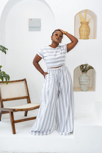 Pastel Striped Pants Set - Grey