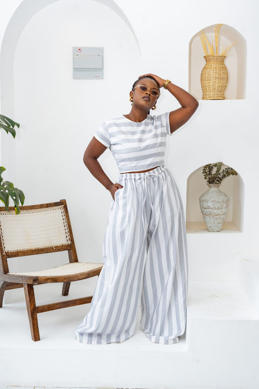 Pastel Striped Pants Set - Grey