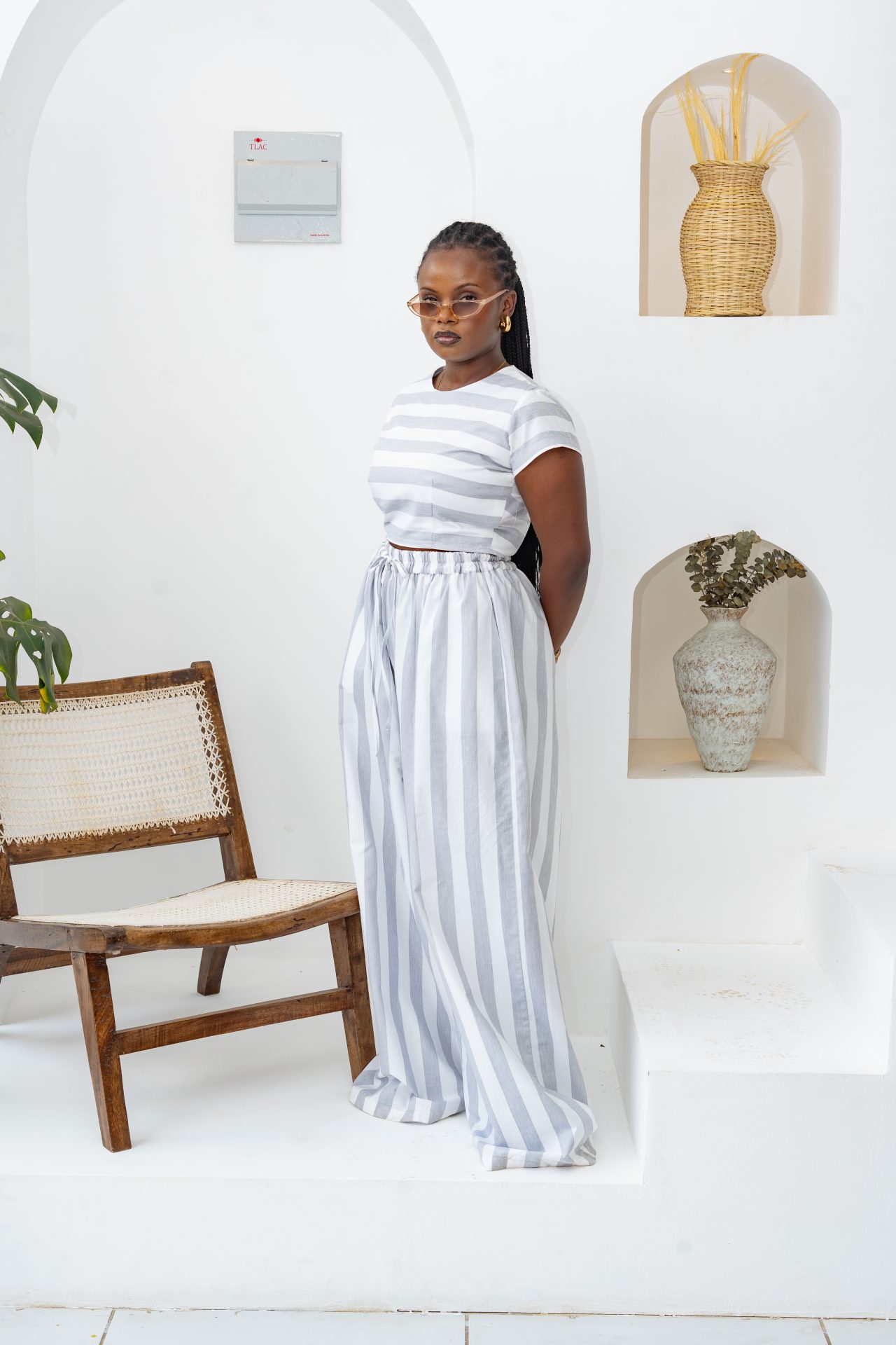 Pastel Striped Pants Set - Grey